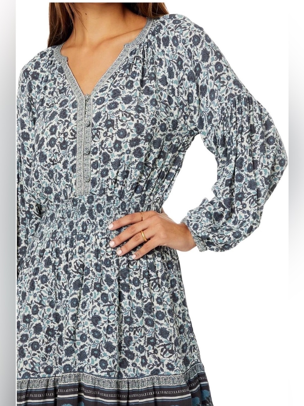 Faherty Montana Dress medium Navy Folly Floral western boho long sleeve a-line - Picture 4 of 13